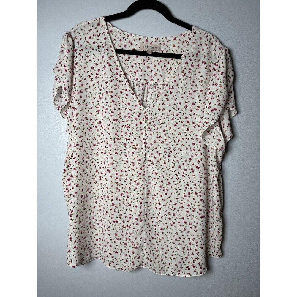 Philosophy Floral Women’s Blouse White/ Pink Cottage Core Size 2X Flutter Sleeve